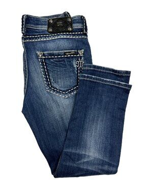 MISS ME Boyfriend Capri Jeans Size 27 Med Wash Thick Stitch Embellished